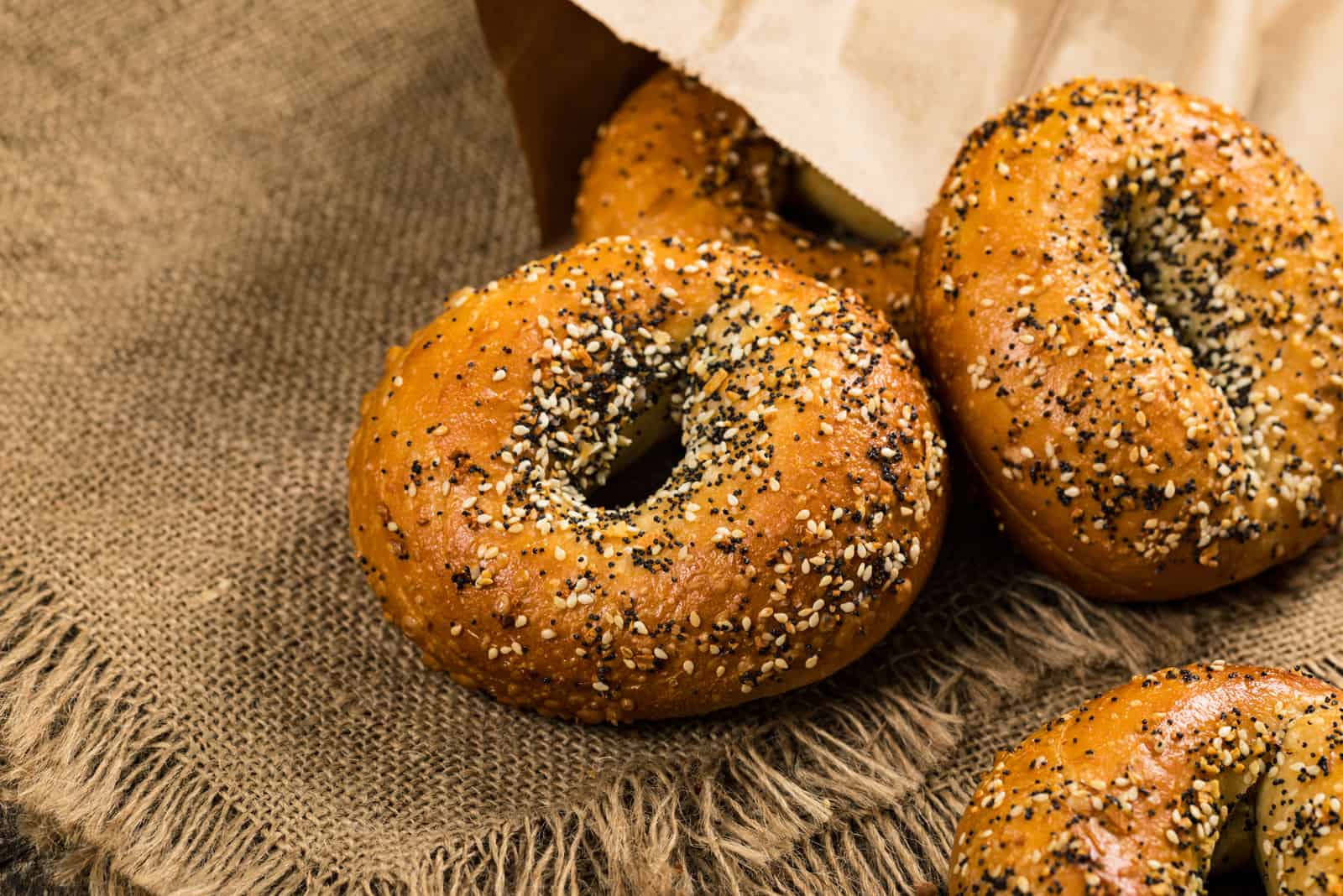 Freshly Baked Bagels Topped with Sesame Seeds, Poppyseeds, Garlic