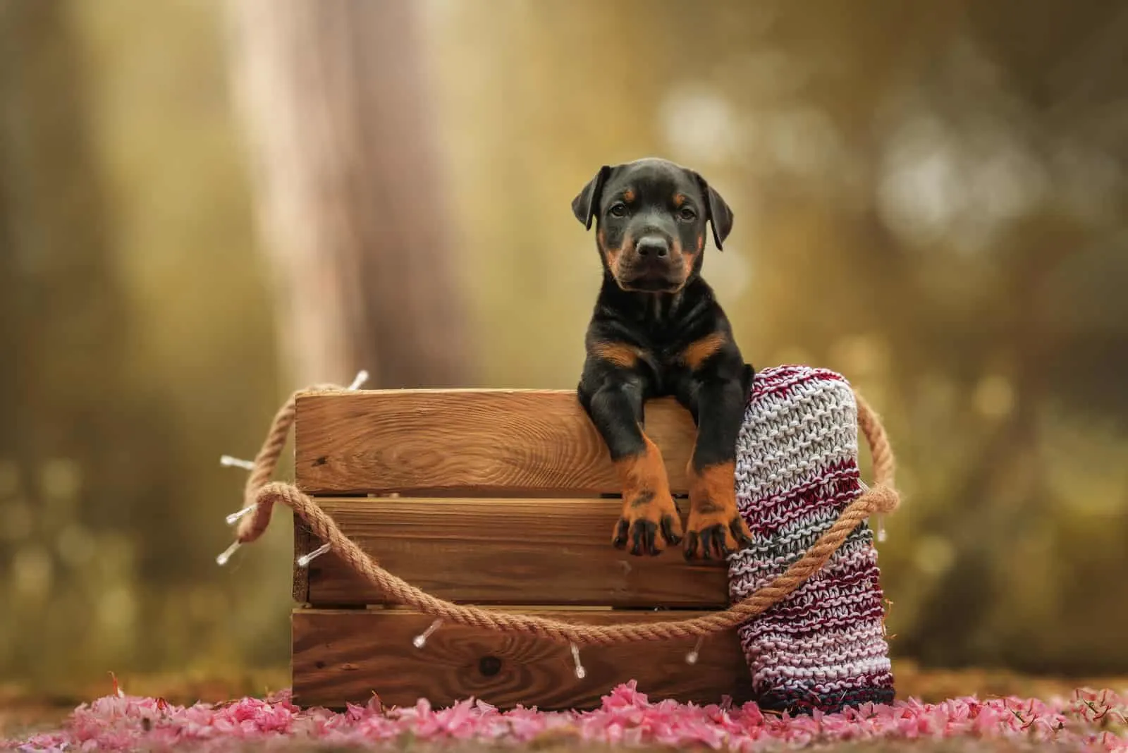 Doberman Puppies stand in a wooden box