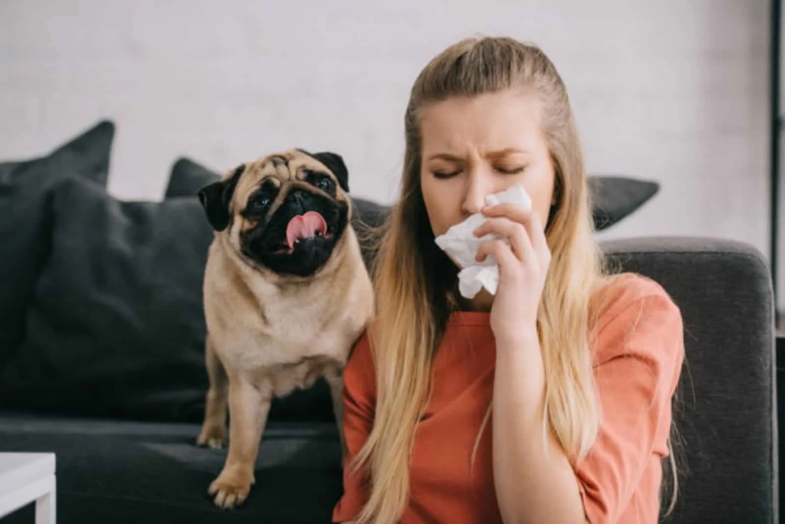 Sneezing woman next to the dog