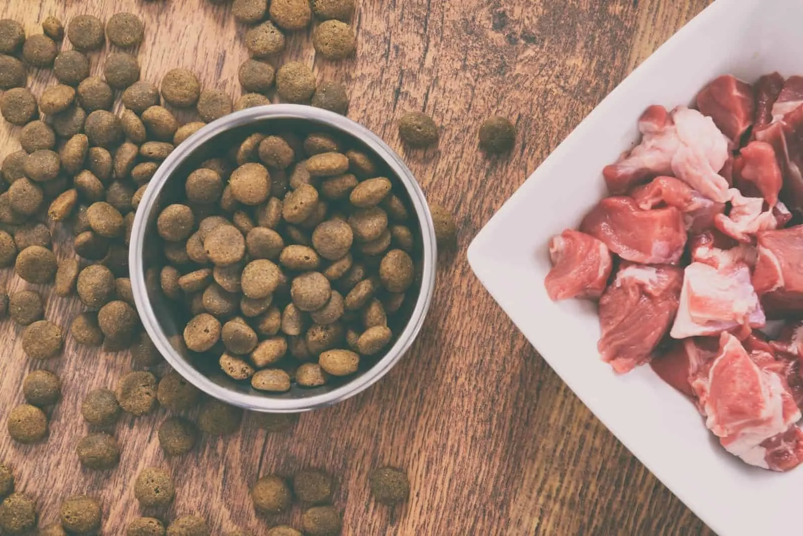 natural dog food in a bowl beside a plate of meat