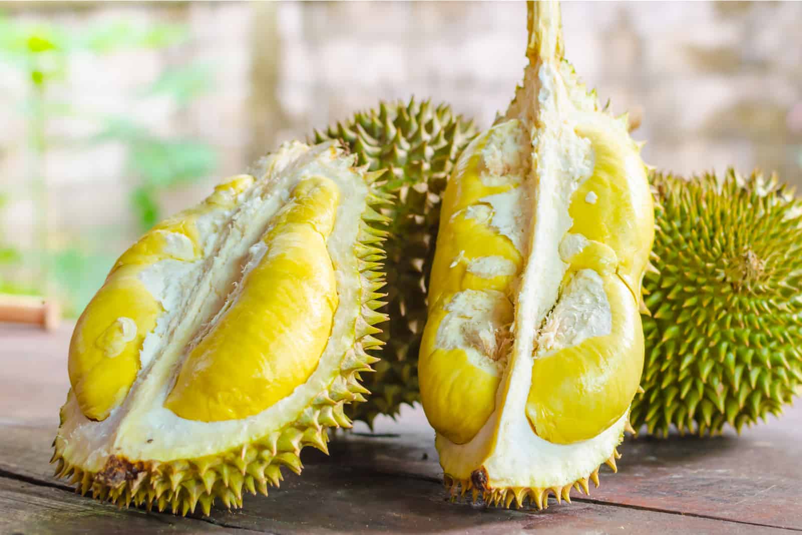 Durian riped and fresh on wooden table