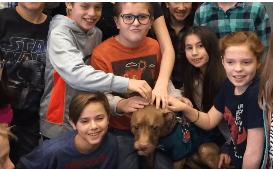 happy kids with dog