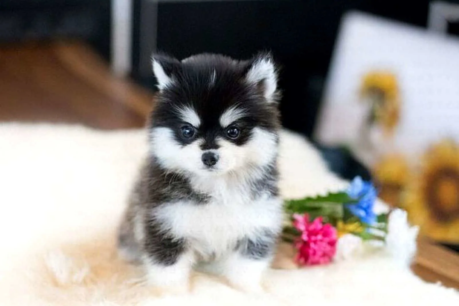 Teacup Pomsky puppy sitting at home on the table