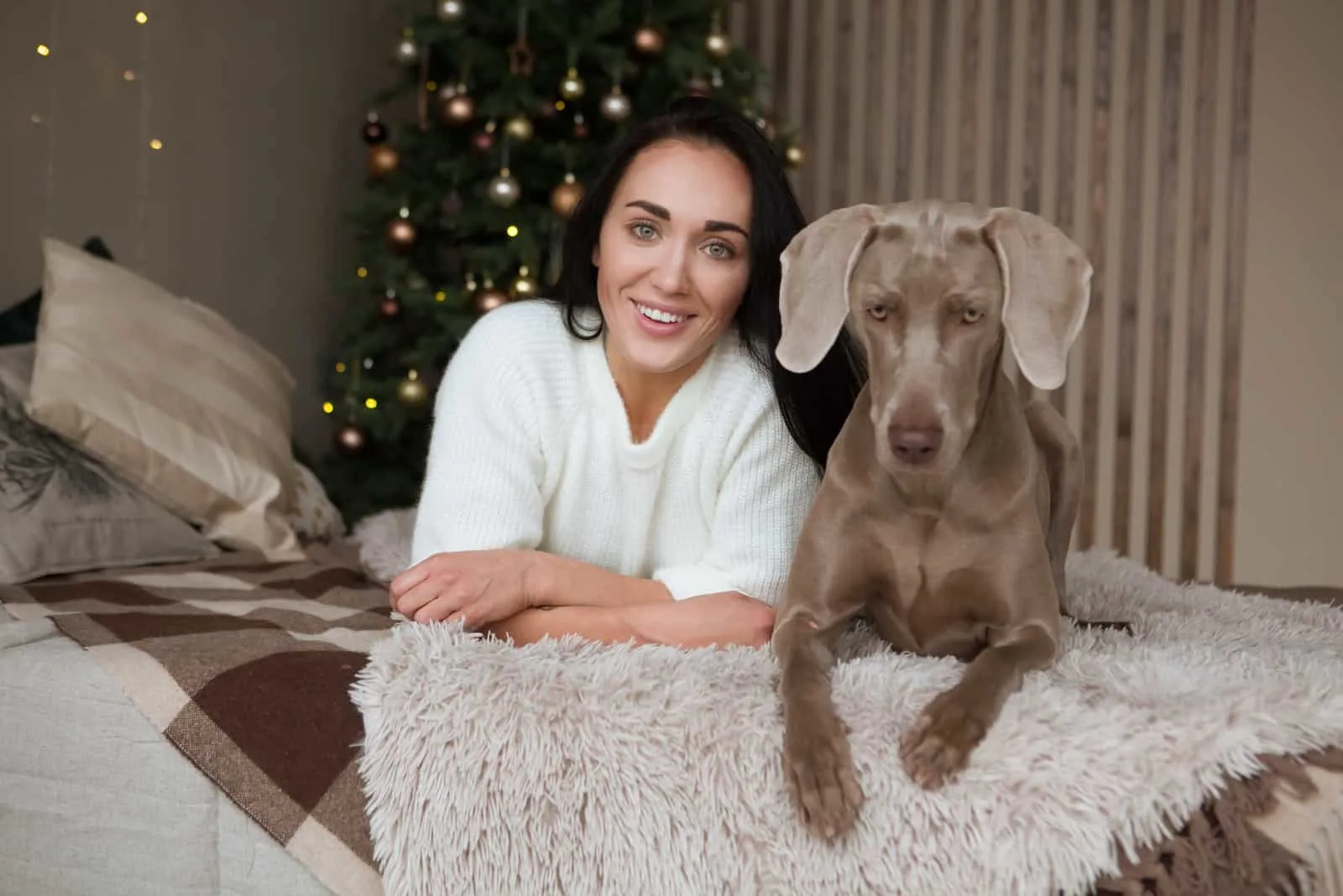 a smiling brunette and her dog weimaraner lie in bed