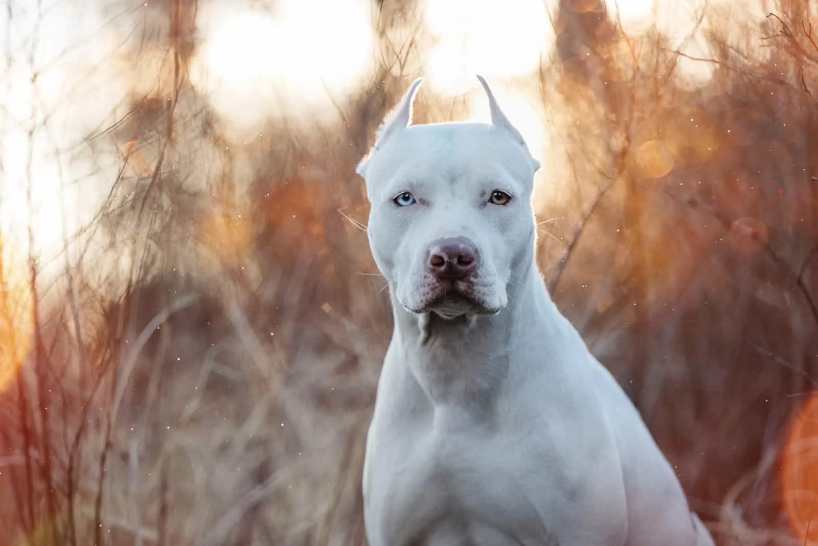 portrait of a White Pitbull in the woods