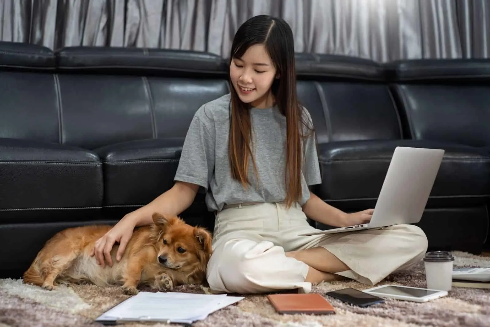 asian woman on laptop while petting on a dog at the floor