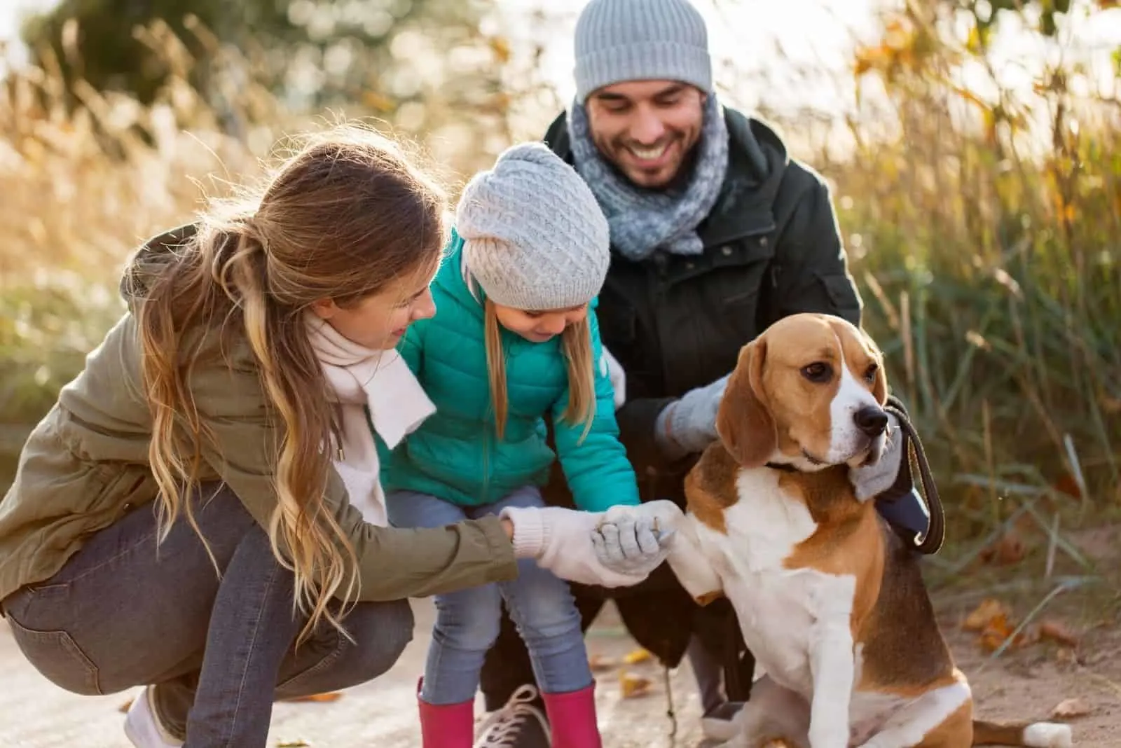 beautiful family hanging out with a beagle outdoors