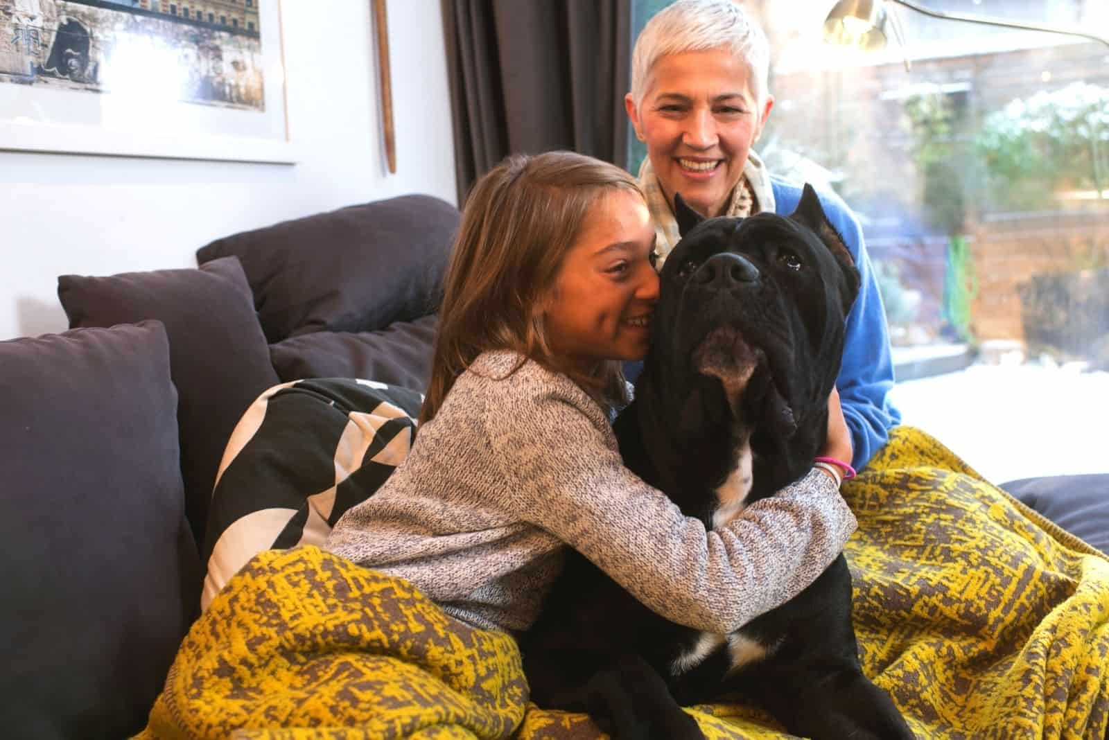 cane corso cuddled by a young kid with her grandmother in the livingroom's sofa