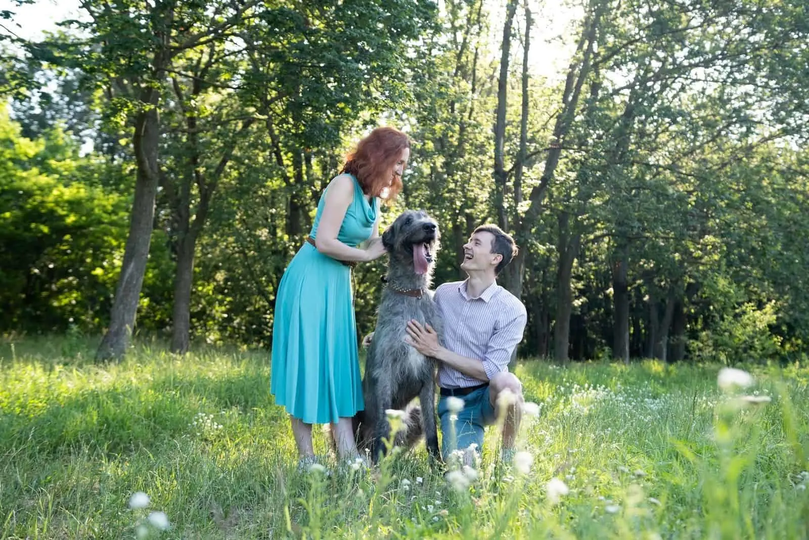 man and woman caressing a tall irish wolfhound in the forest
