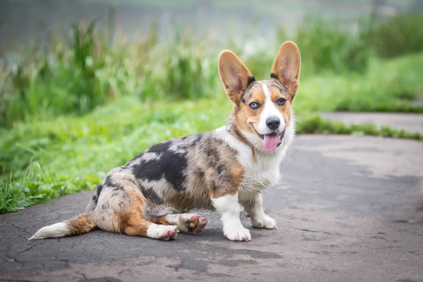 Cardigan Welsh Corgi puppy sitting on the road in summer