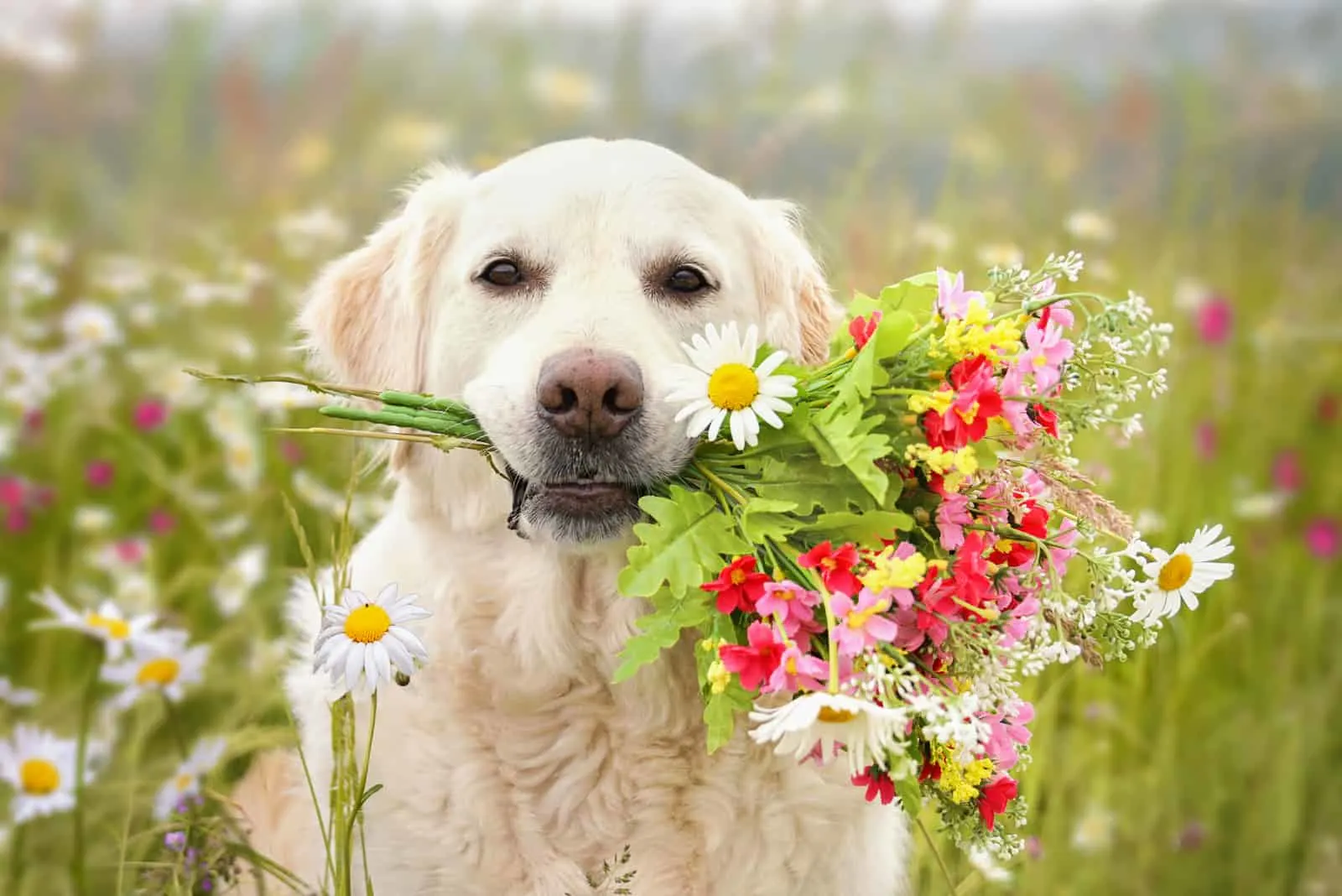 Dog sitting with flowers in the mouth in a meadow