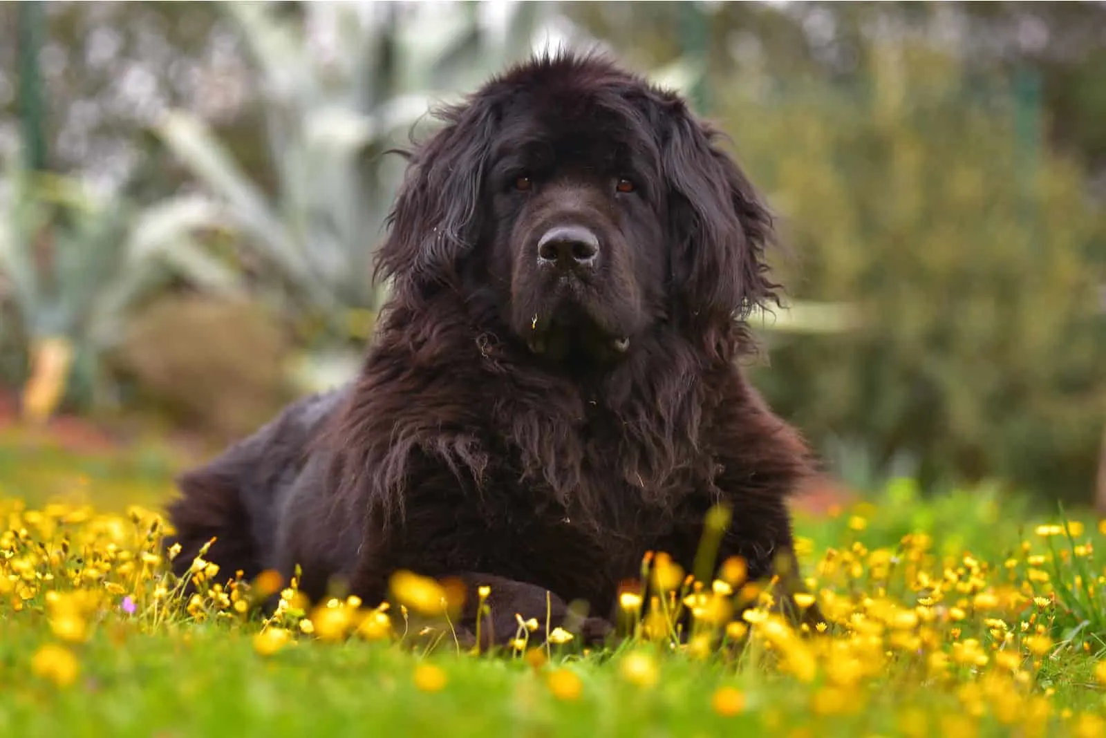 big black Newfoundland dog lying on the grass