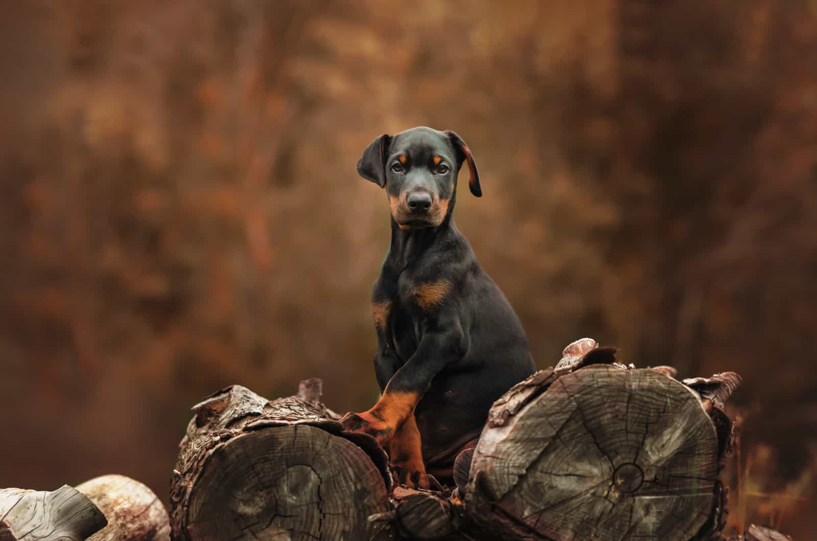 doberman puppy standing on a log