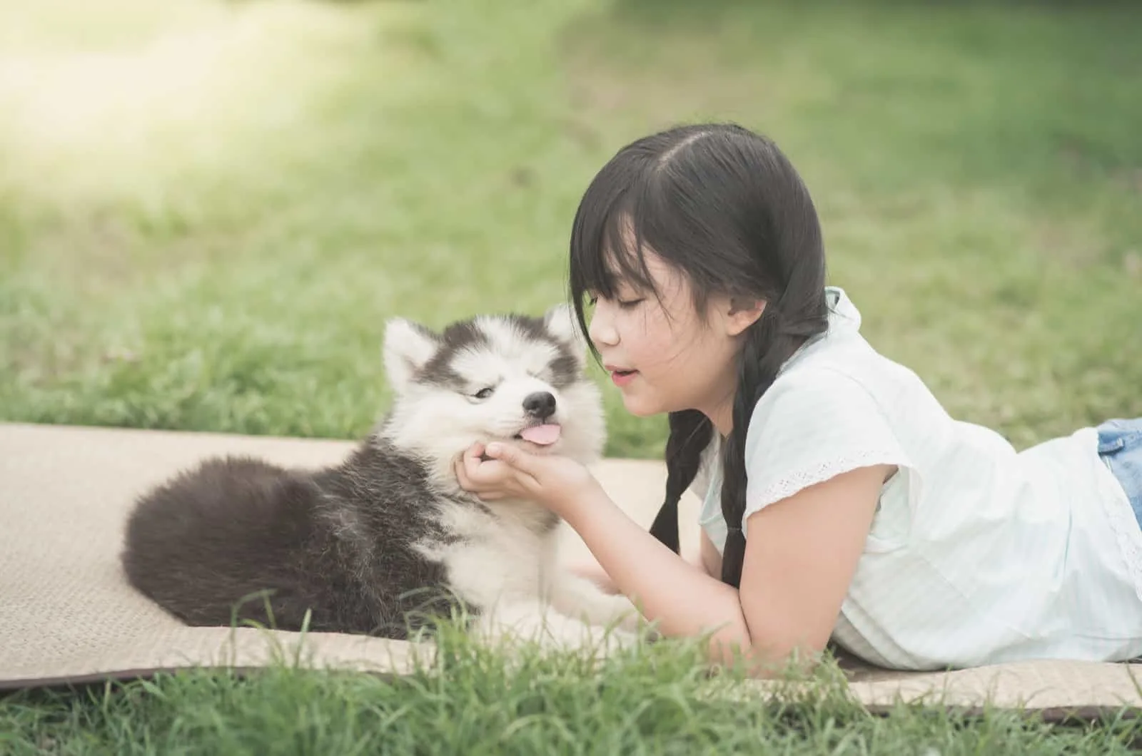 girl playing with her husky puppy