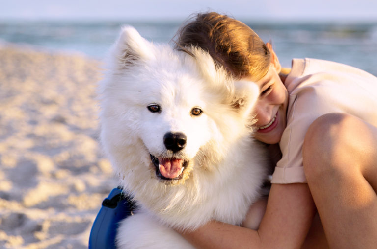 girl hugging her samoyed pet