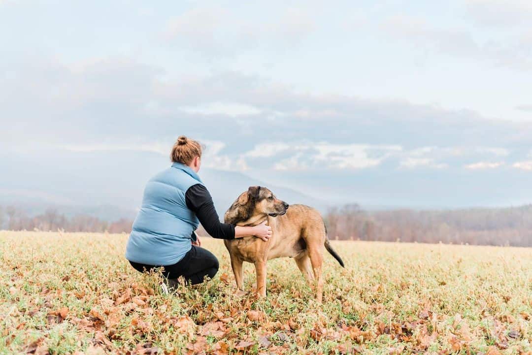 dog and owner standing looking away