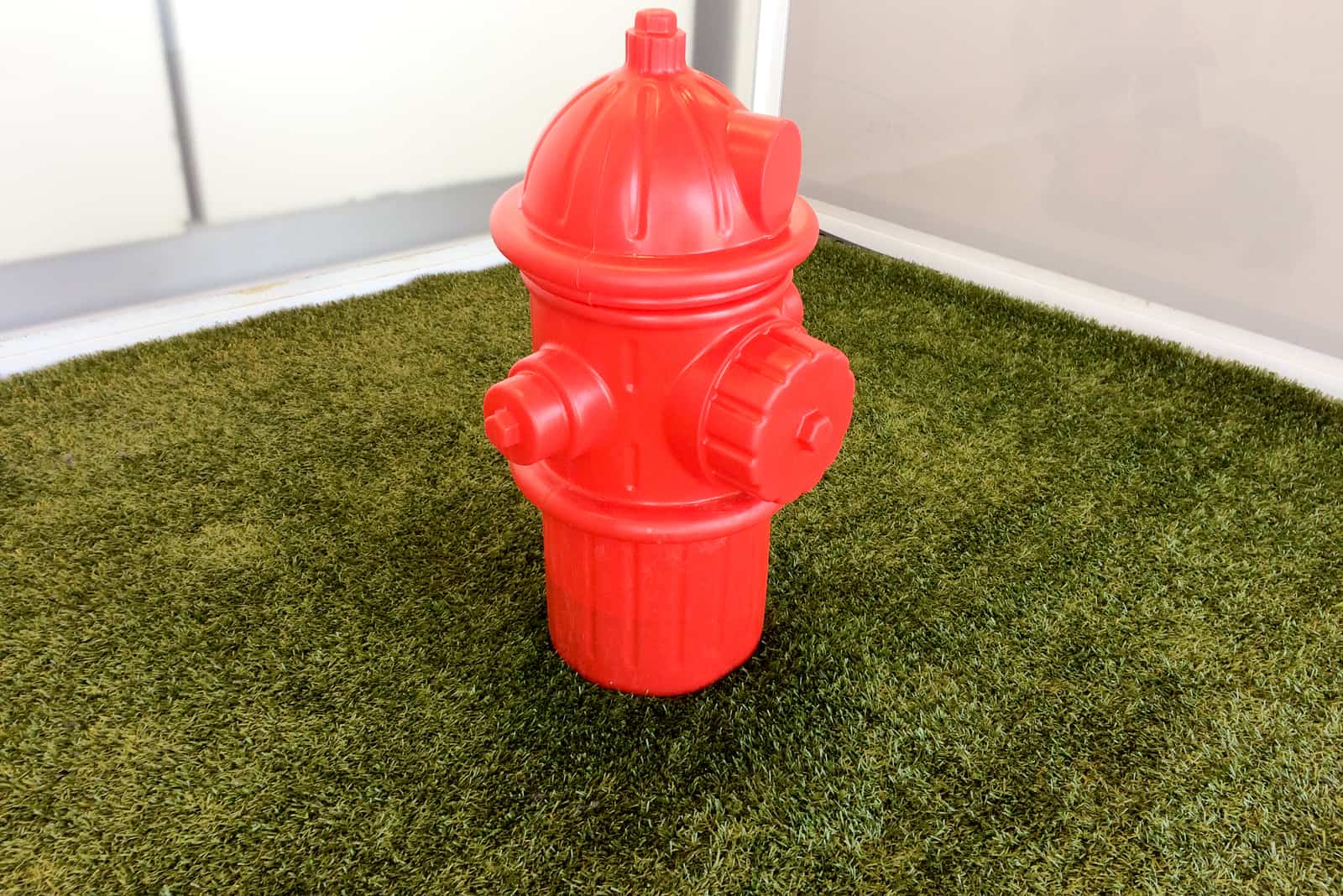 red fire hydrant on fake grass