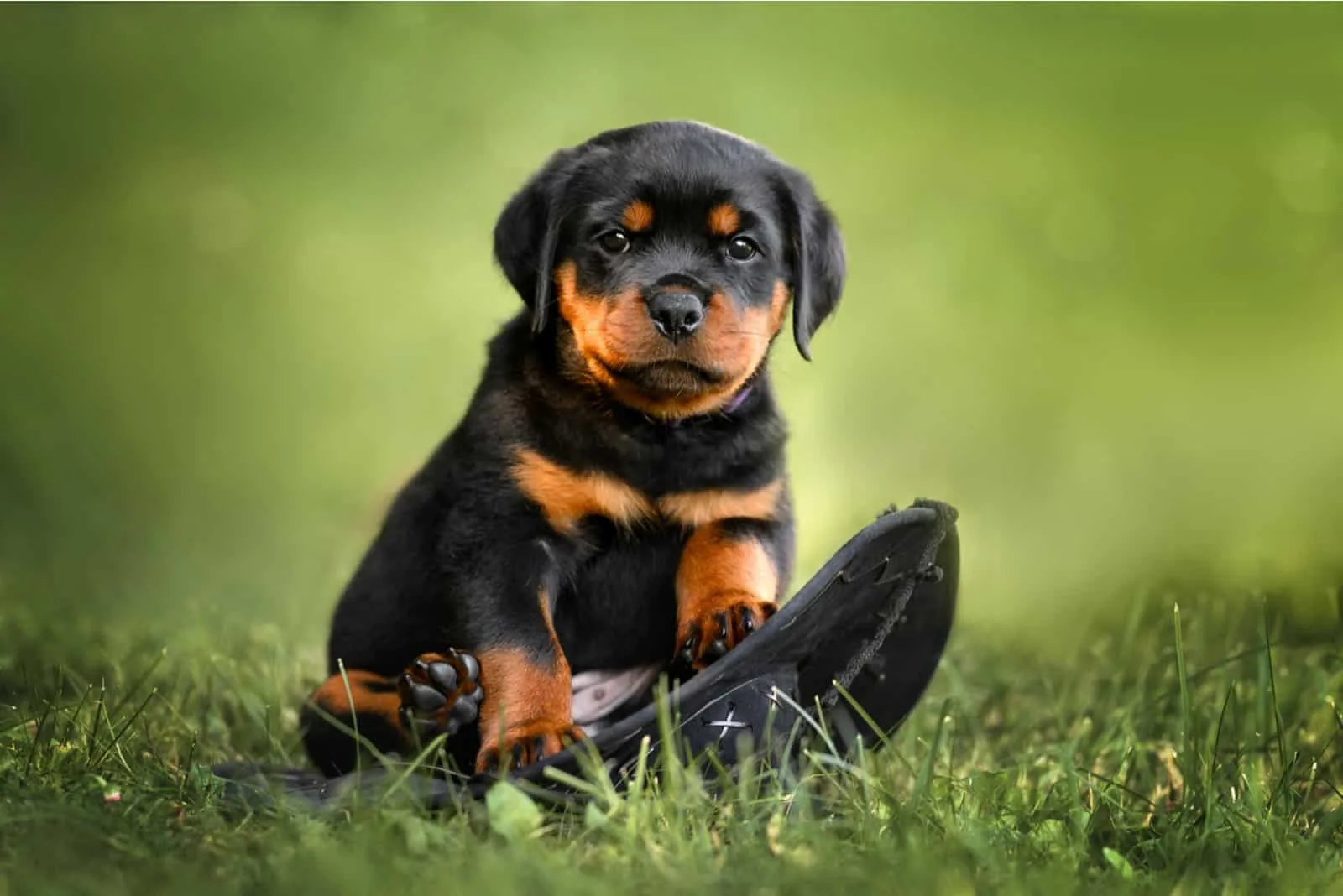 Rottweiler puppy standing on grass
