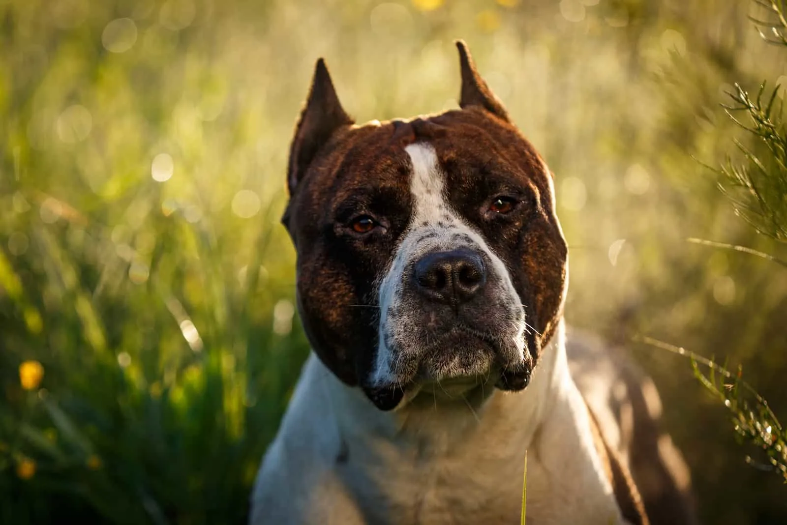 portrait of a pit bull in tall grass