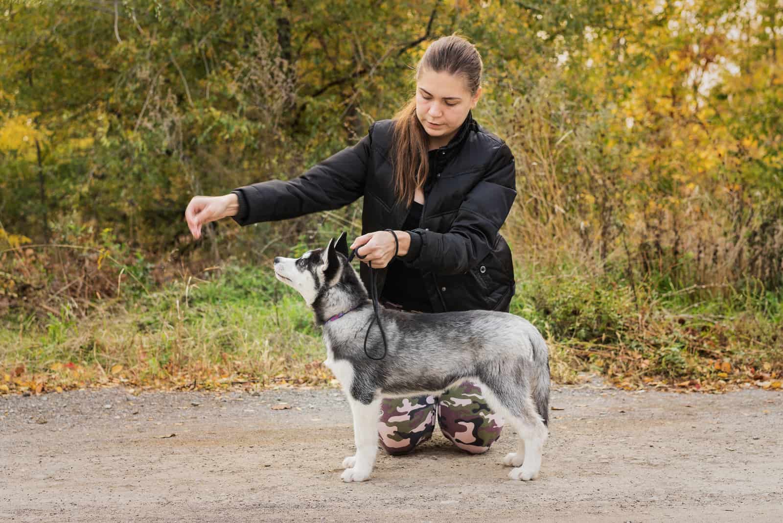 woman training new puppy