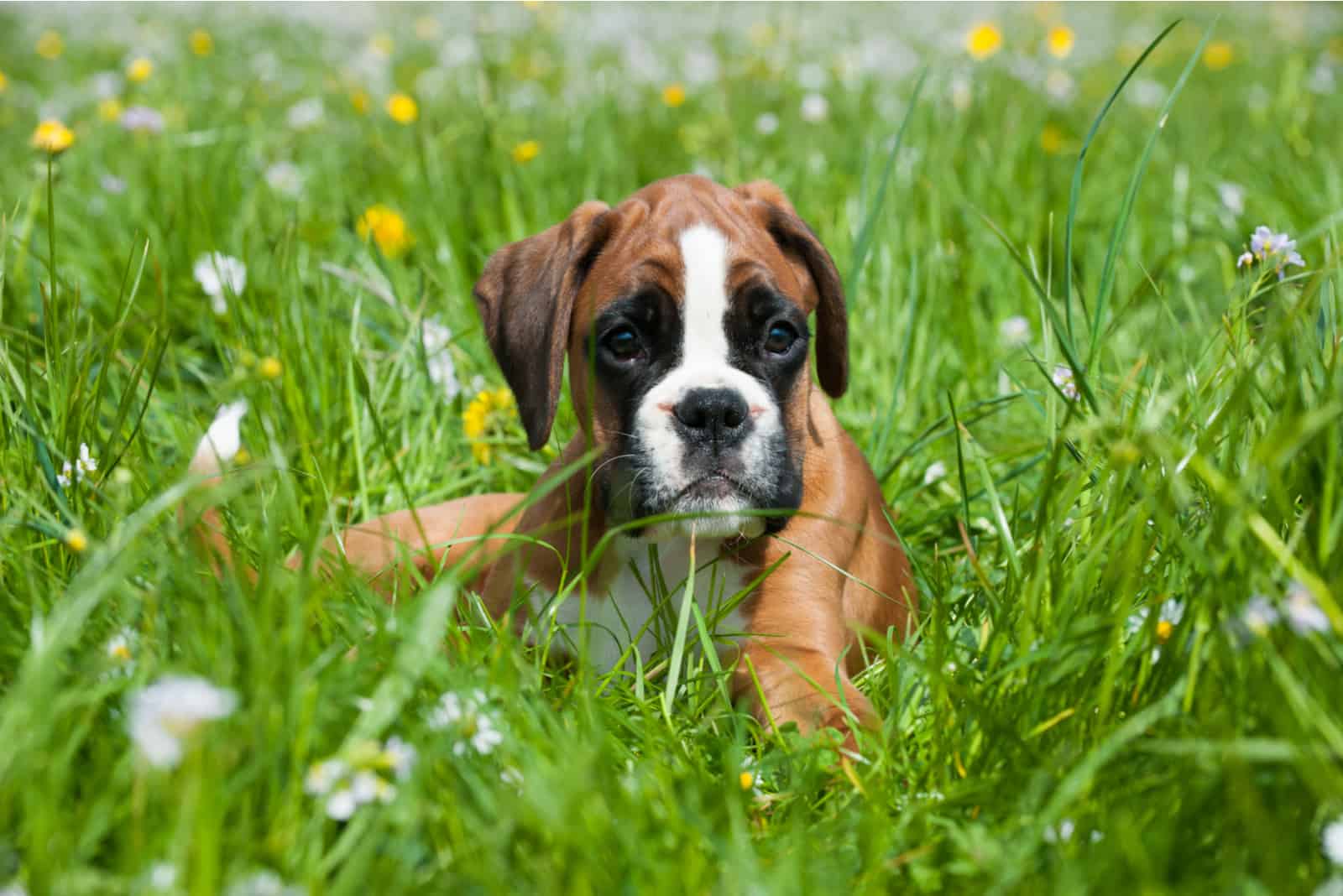 Boxer puppy in a spring meadow