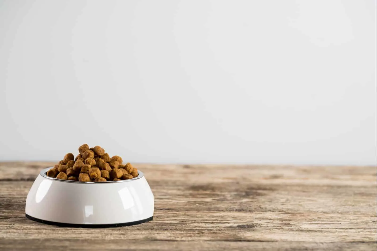dog food in a bowl on a wooden table