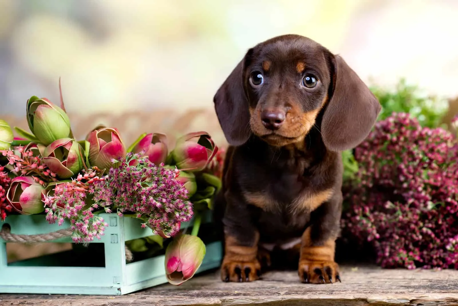 Dachshund puppy sitting by flowers