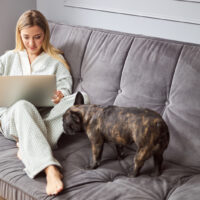 woman working on laptop with dog next to her