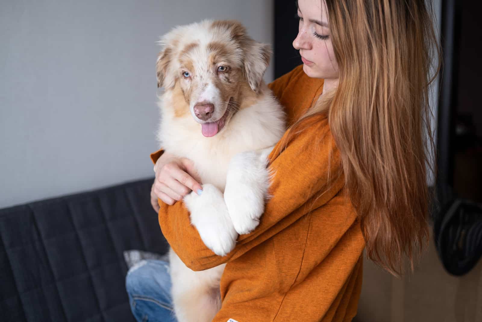 a woman holds in her arms an Austrian shepherd