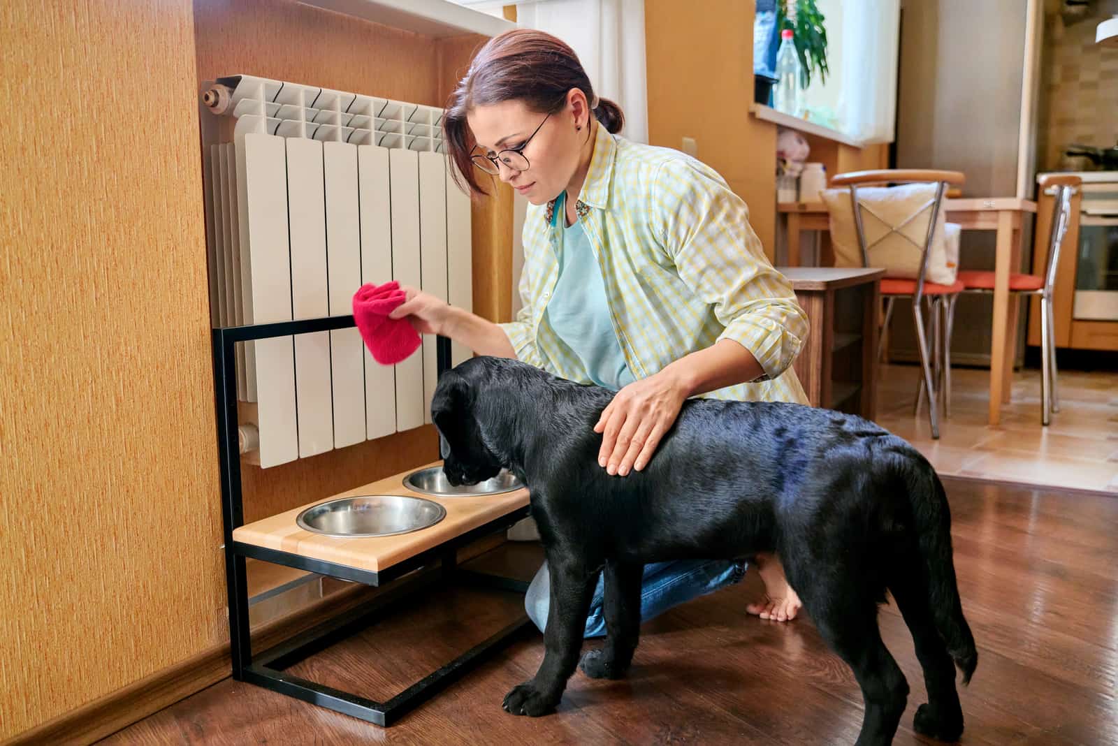 a woman sits next to a dog and cleans a bowl of food