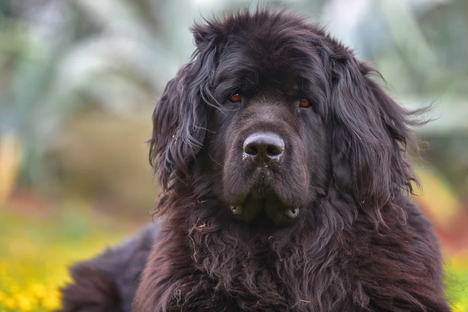 black Newfoundland lies and looks at the camera