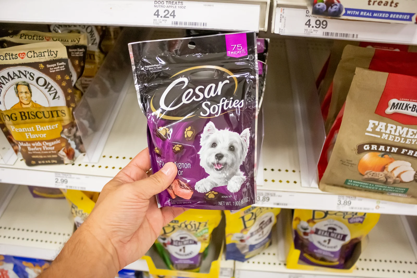 hand holds a package of Cesar Softies at a local department store