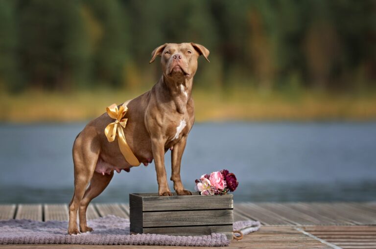 Pregnant dog standing outside