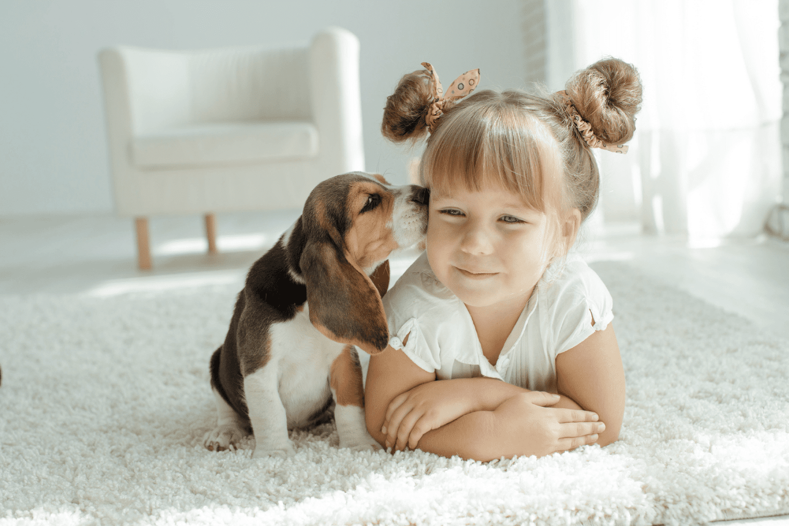 an adorable dog kisses a little girl lying on the floor