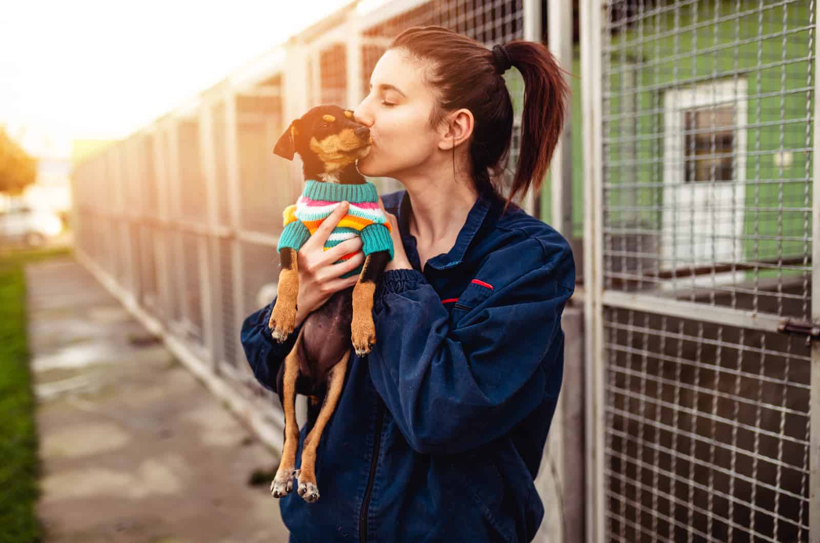 woman kissing a dog at the rescue shelter after adoption