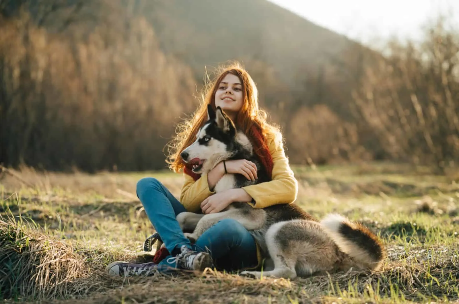 A woman walking with a dog Husky in the sun in the sunset