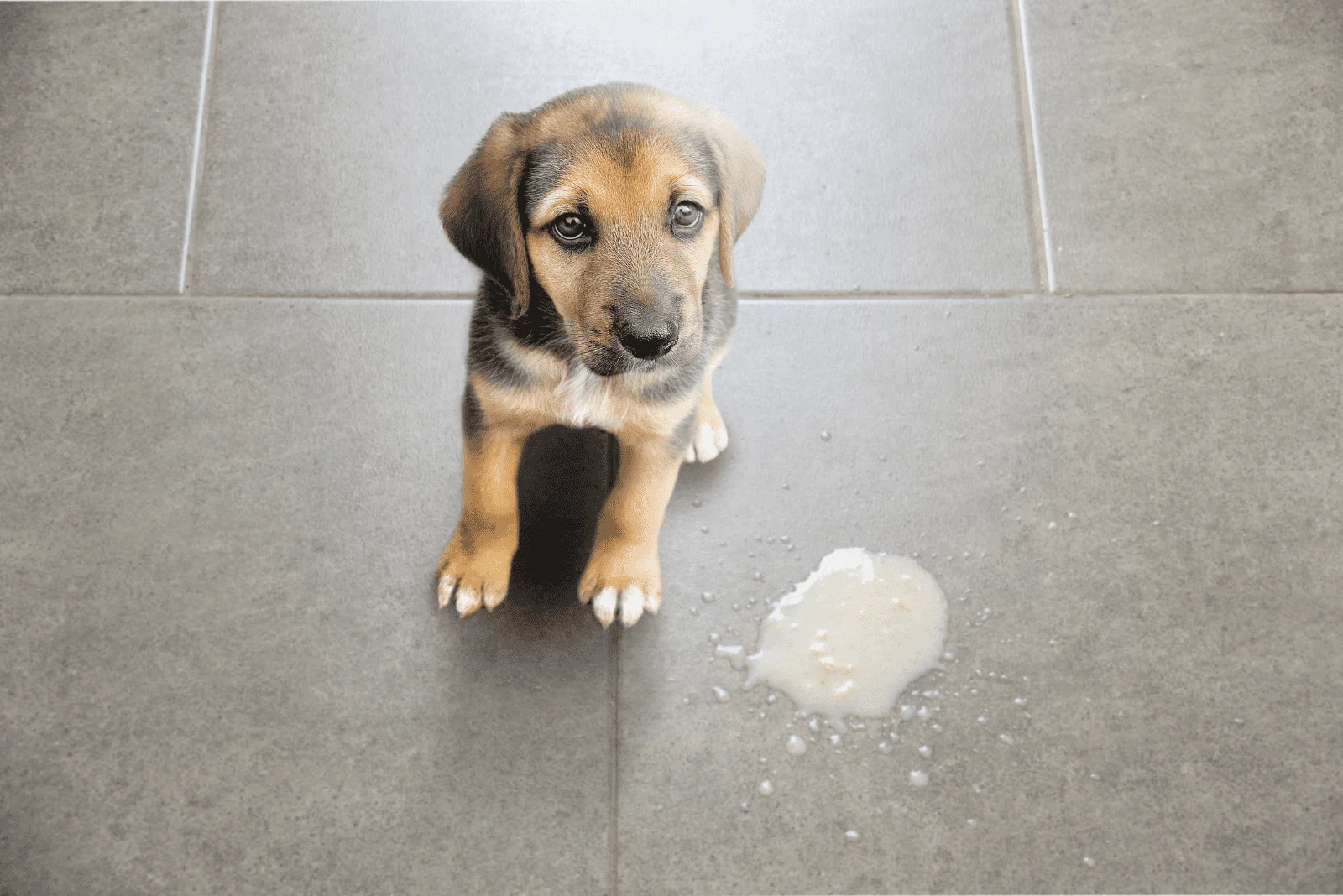 the dog sits on the tiles