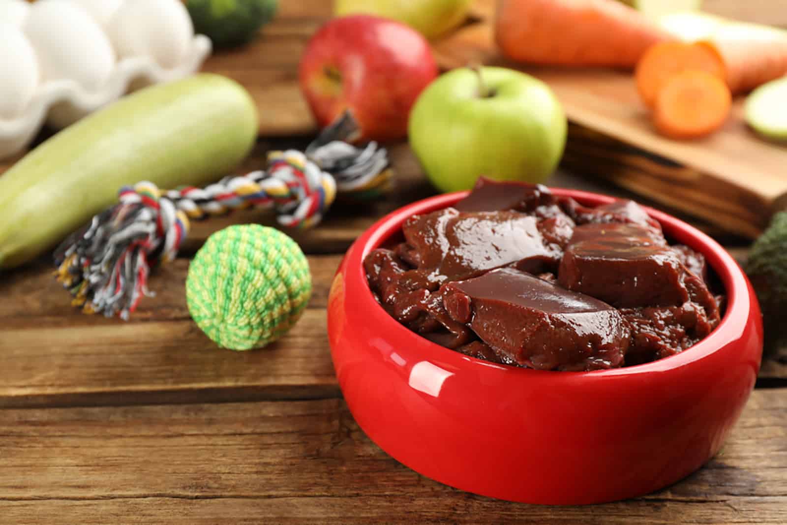 feeding bowl with food for dog on wooden table