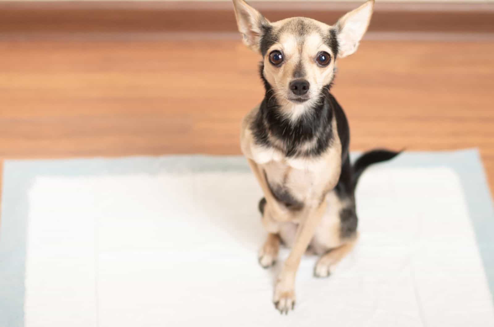 small puppy on absorbent diaper diaper pad