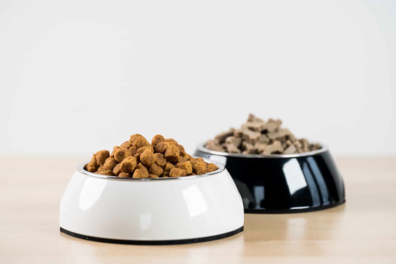two bowls with dog food on the floor