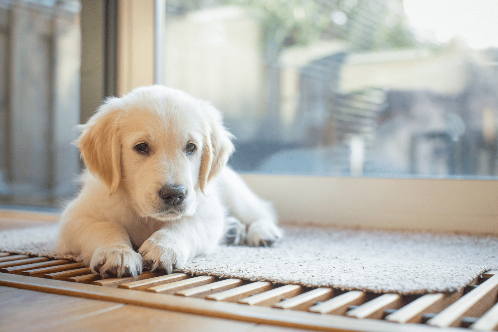 A golden retriever puppy lies by the window