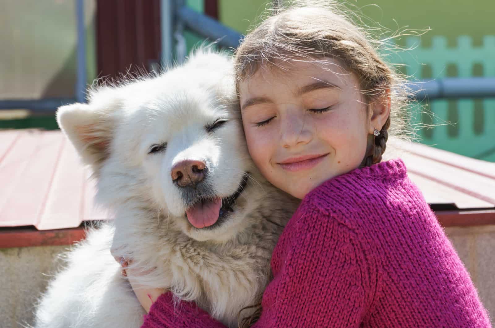 girl hugging her samoyed