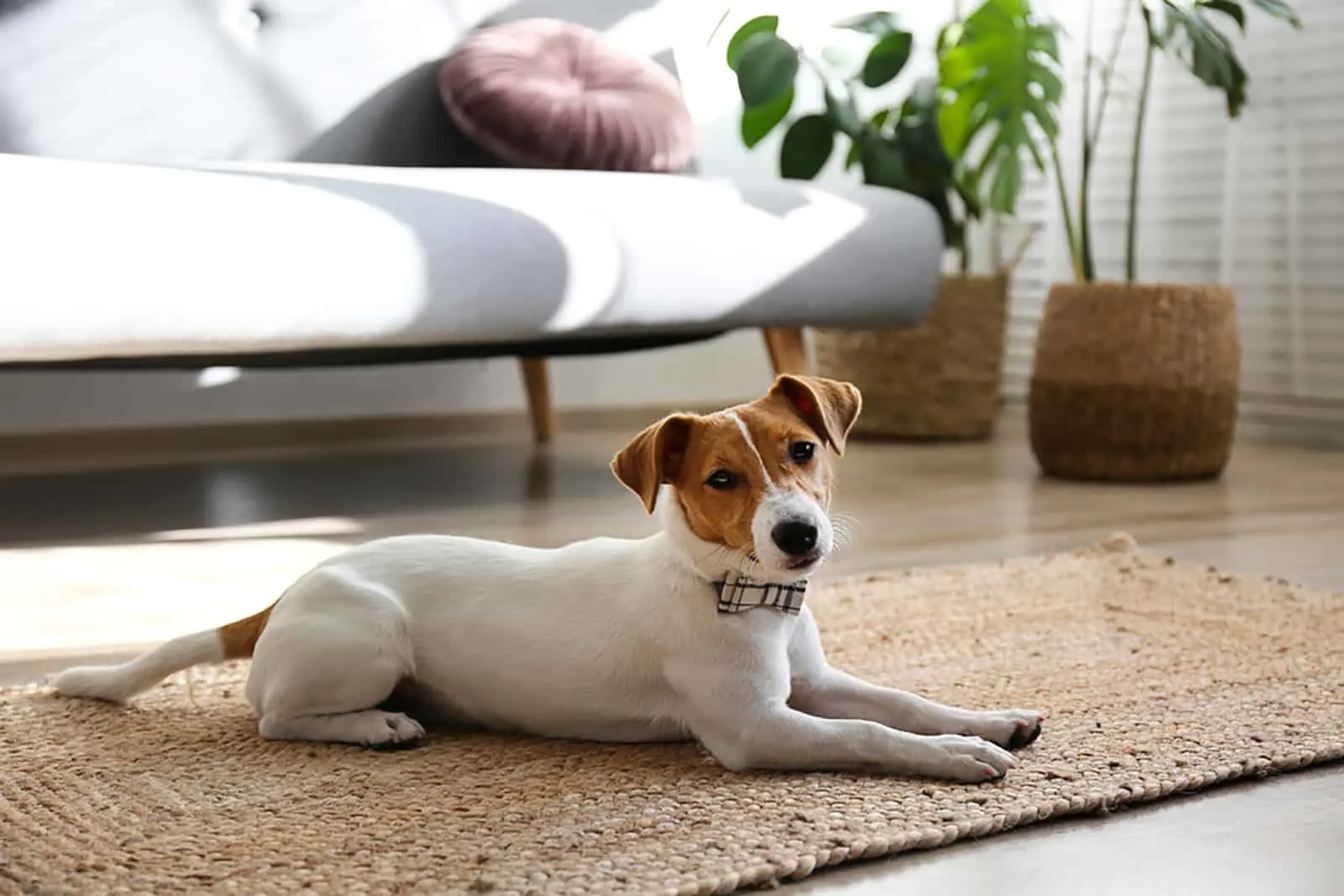 jack russell terrier lying on the carpet