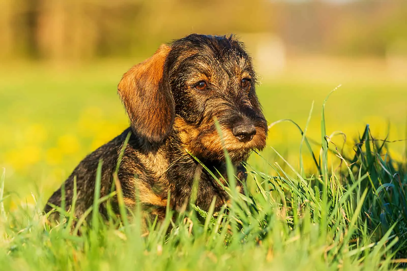 wire-haired dachshund puppy sitting in the grass in the park