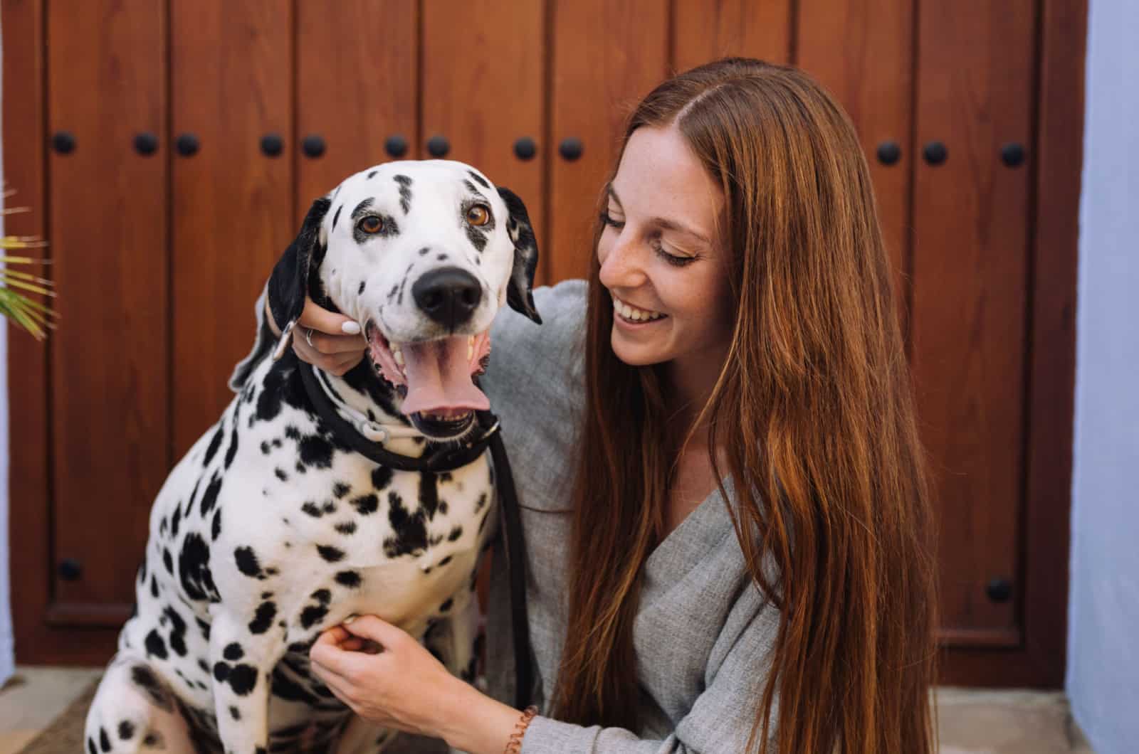 woman petting her dalmatian dog