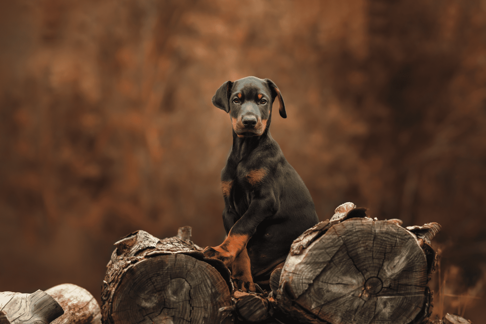 Doberman puppy standing on a tree