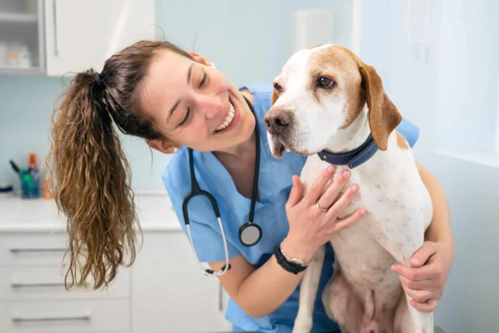 Young happy veterinary nurse smiling while playing with a dog.