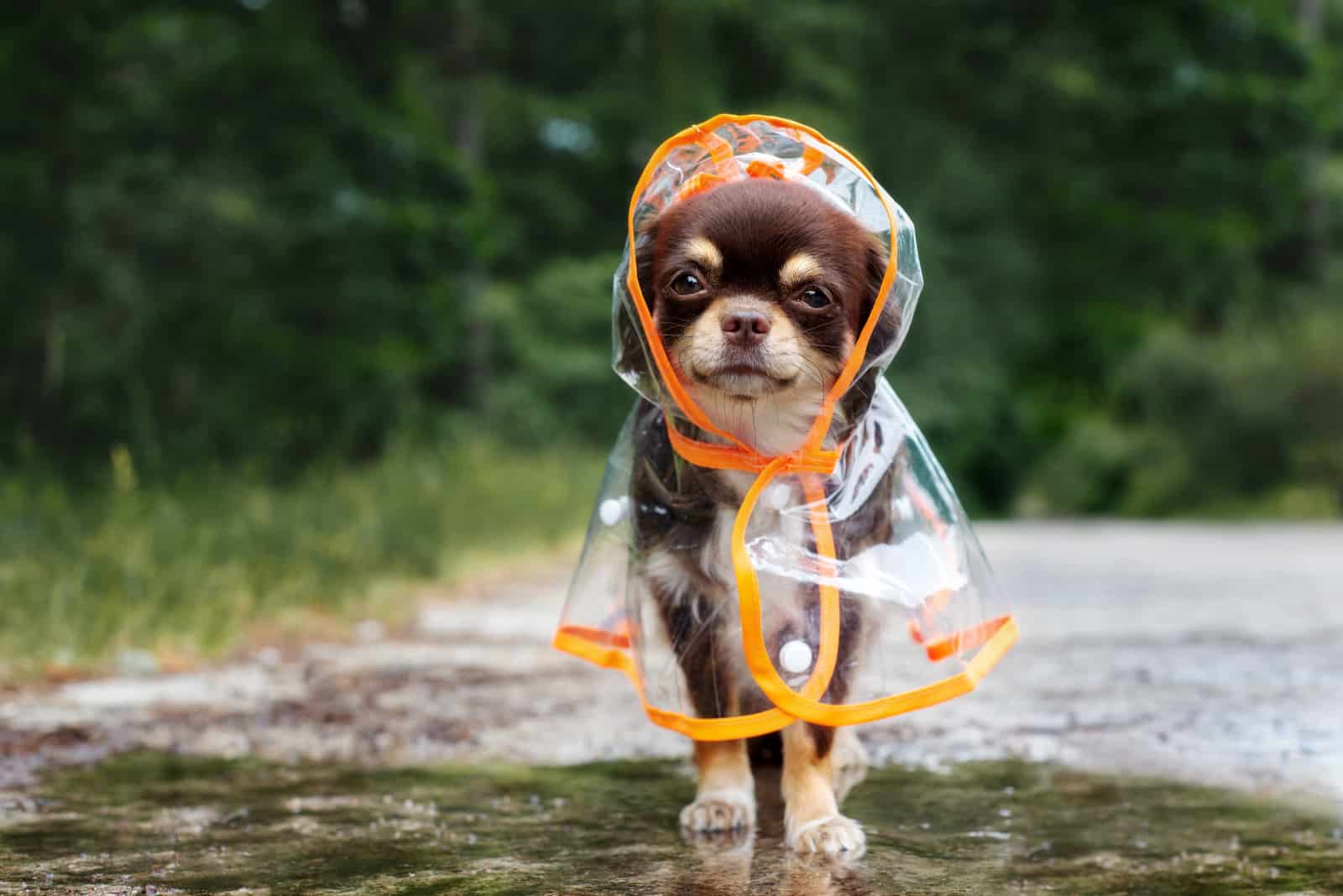 chihuahua weaaring a raincoat