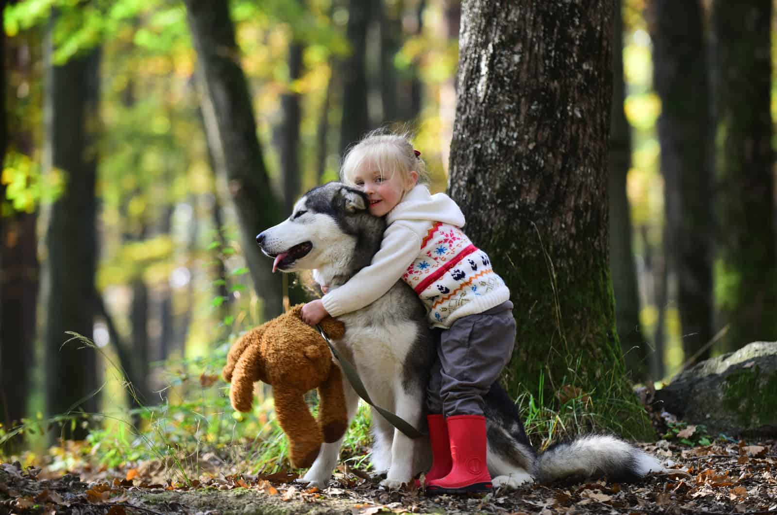 little girl hugging her siberian husky