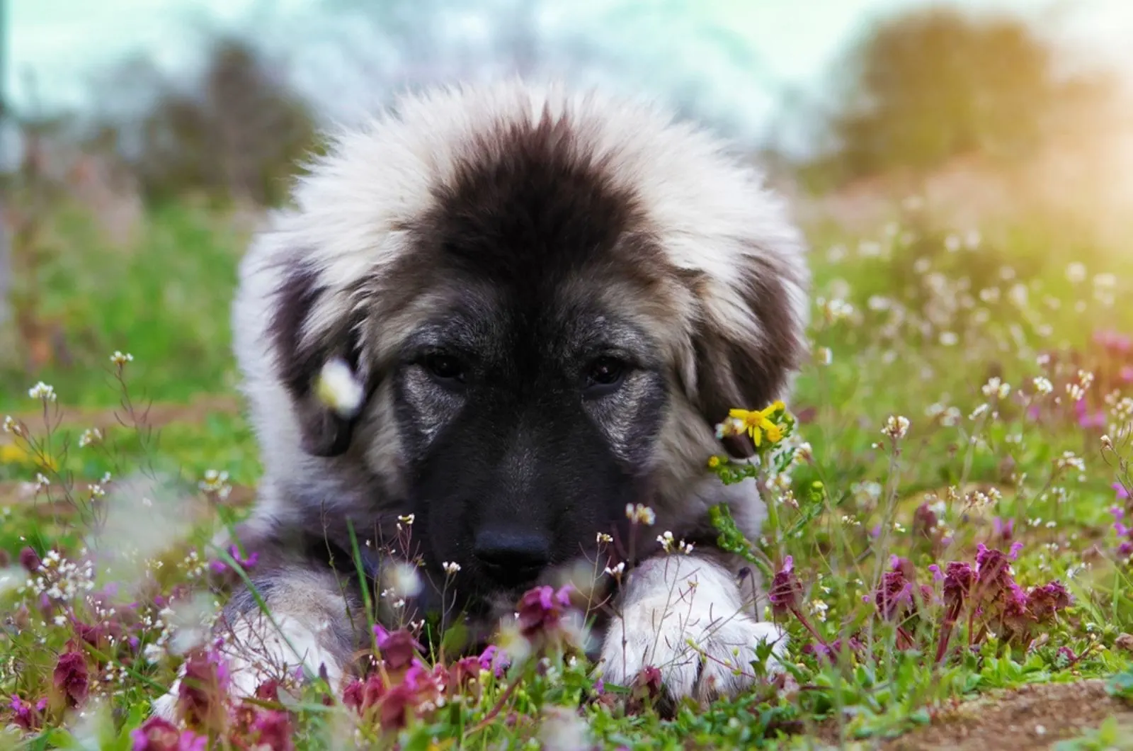 beautiful caucasian shepherd dog puppy on a meadow